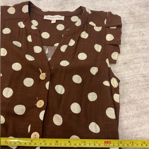 MONTEAU Los Angeles Belted Brown Cream dotted midi dress with pockets. - Picture 7 of 9